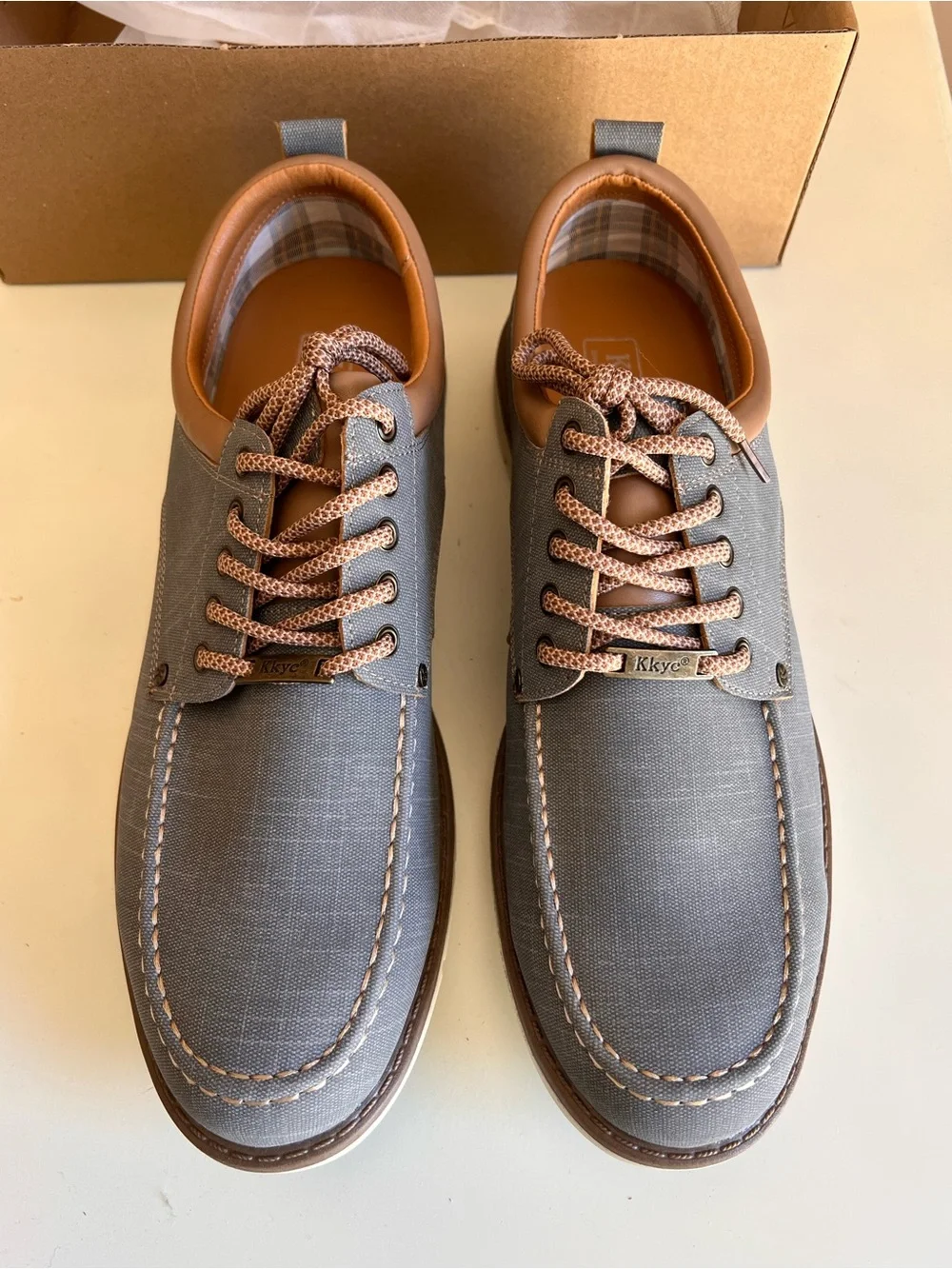 Men's Casual Blue Gray Canvas Lace-Up Shoes with Brown Trim